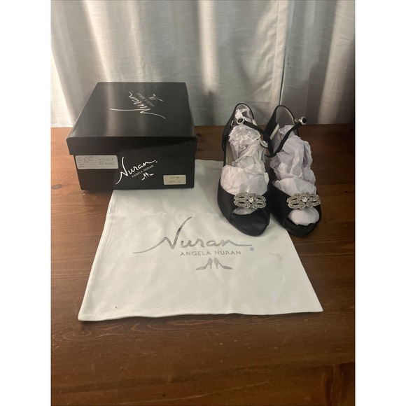 Shoes - Angela Nuran Vintage Open Toe Adjustable Strap Satin Black Heels 7.5